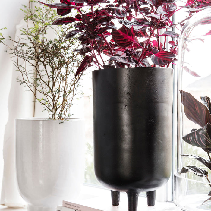 窓際に植物の入ったプランターやフラワーベースが並んでいる