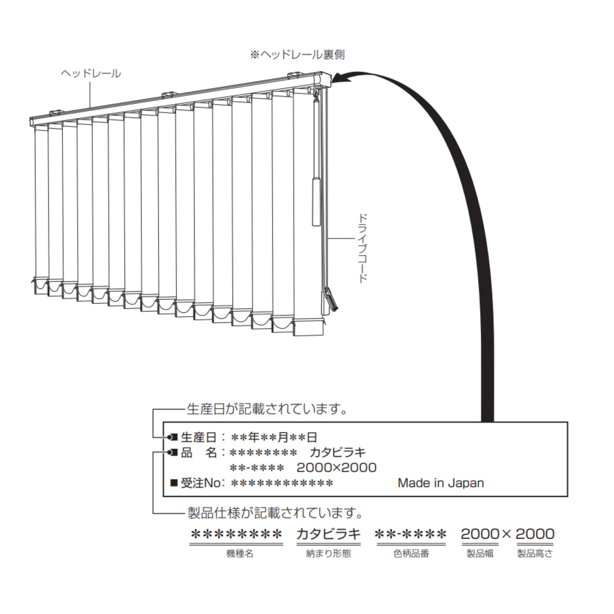 バーチカルブラインドのメンテナンスシールはドライブコード側のヘッドレール裏側へ貼付されてます